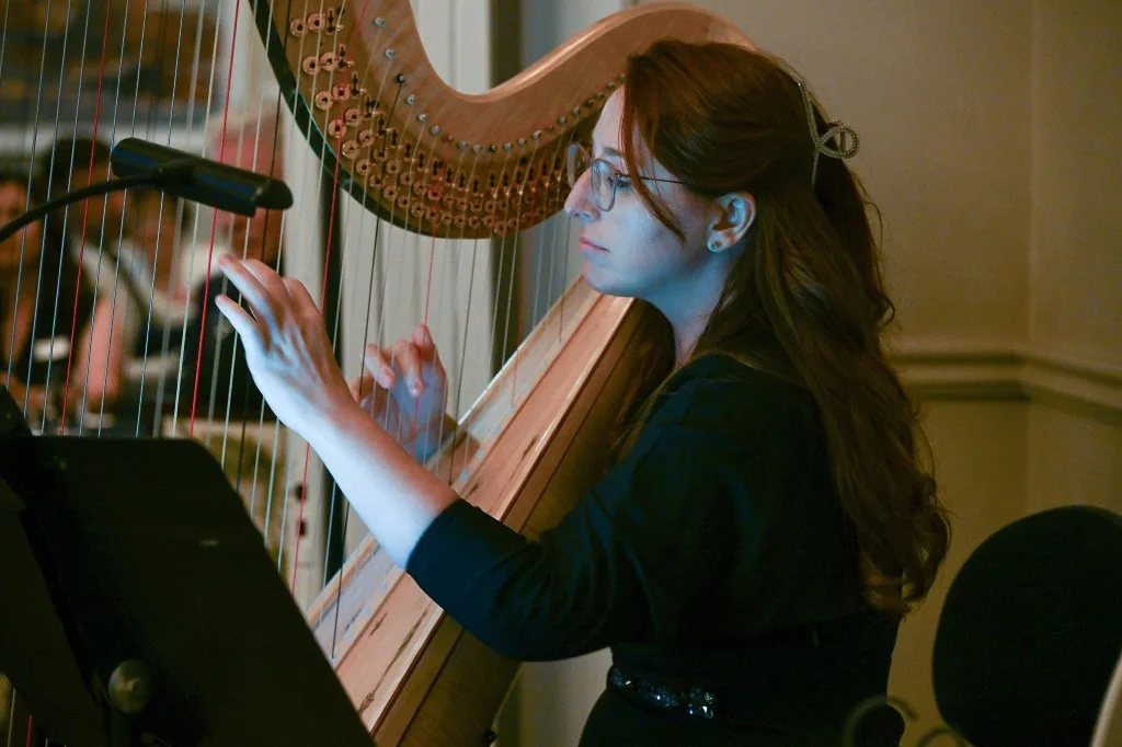Harpist performing at the Boileau Family Foundation launch evening